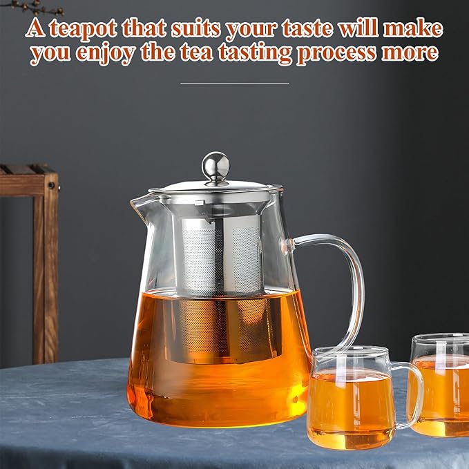 1300ml(44oz) Glass Teapot with Removable Infuser - Stovetop Safe High Borosilicate Clear Teapot for Loose Leaf Tea, Blooming Tea, Home & Office Use