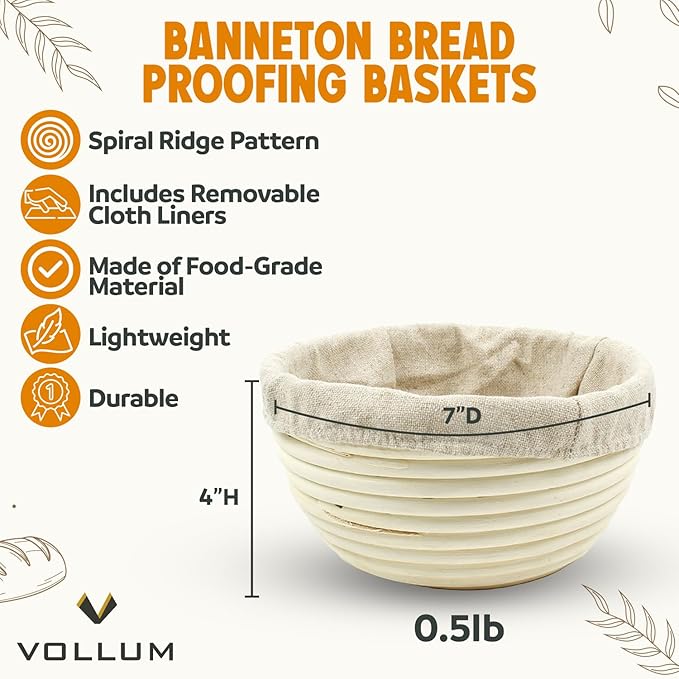 Banneton Bread Proofing Basket Sourdough Proofing Basket for Beginners & Professional Bakers, Handwoven Rattan Cane Bread Maker with Linen for Artisan Breads, 7 x 4 Inch, 0.5-Pound Round