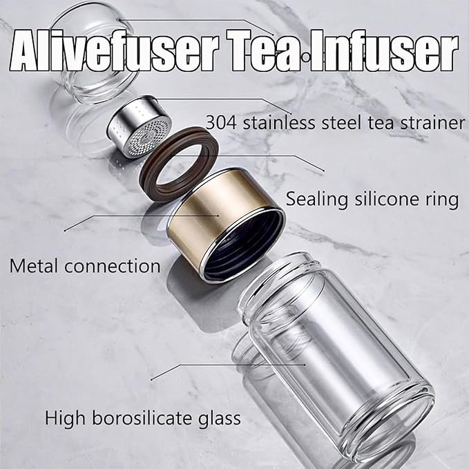 Tryteava Glass Infuser, Tryteava 3-in-1 Smart Tea Infuser, Portable Glass Double Wall Tea Infusers Bottle, with Stainless Steel Filter, Hot & Cold Brew, For Loose Leaf, Office Home (Black, 350ml)