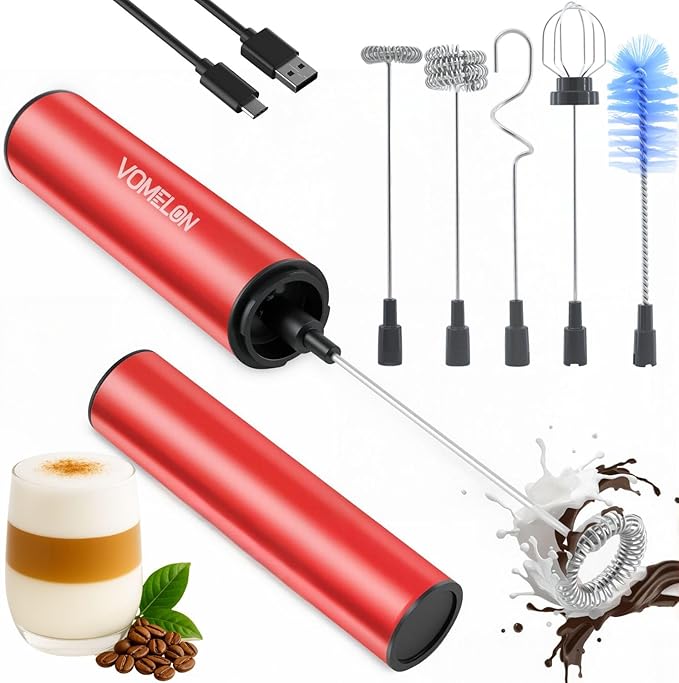 Rechargeable Milk Frother Handheld Electric Frother Wand Milk Foamer Drink Mixer for Coffee, Lattes, Cappuccino, and Egg, Stainless Steel for Travel-Rube Red