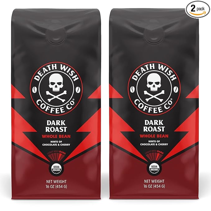 Death Wish Coffee, Whole Bean Dark Roast - USA Organic Coffee Beans Bundle/Bulk - Fair Trade Arabica & Robusta - 16 Ounce (Pack of 2)