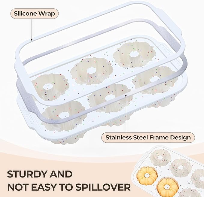 Mini Bundt Cake Pans for Baking, Silicone 6-Cavity Fluted Tube Cake Pan with Metal Reinforced Frame, Nonstick Baking Molds for Cupcake, Brownie, Donuts, Cornbread, Jello