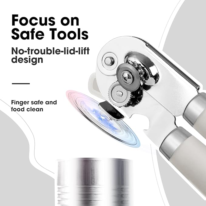 Beneno Can Opener Manual with Magnet, Hand Held Heavy Duty Can Opener with Durable Sharp Blade Smooth Edge, Big Effort-Saving Knob, Soft Grip Rubber Handle, Multifunctional Bottle Opener, Beige