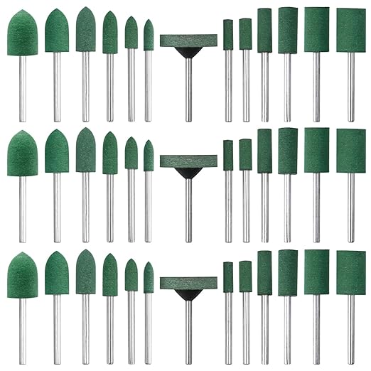 Mesee 39Pcs Rubber Polishing Bit Set, Assorted Grinding Head Buffing Wheel 13 Sizes Buffer Abrasive Bits 3mm Mandrel Bullet Cylinder Disc Shaped Polishing Burrs Bit Kit for Rotary Tools - Green