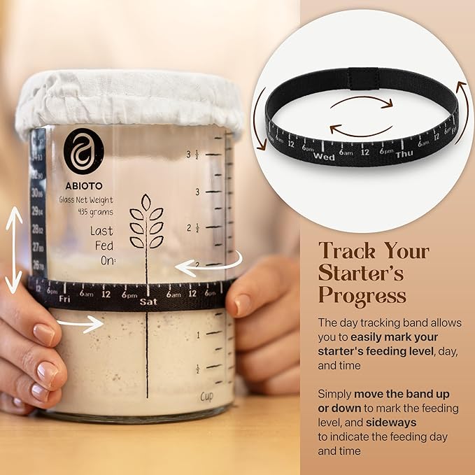Sourdough Proofing Basket and Starter Jar Kit – 3.3 LB Round Wood Pulp Banneton with Waffle Pattern (Made in Germany) and 34 oz Sourdough Starter Jar, Thermometer Strips & Spatula – Bread Proofing Set