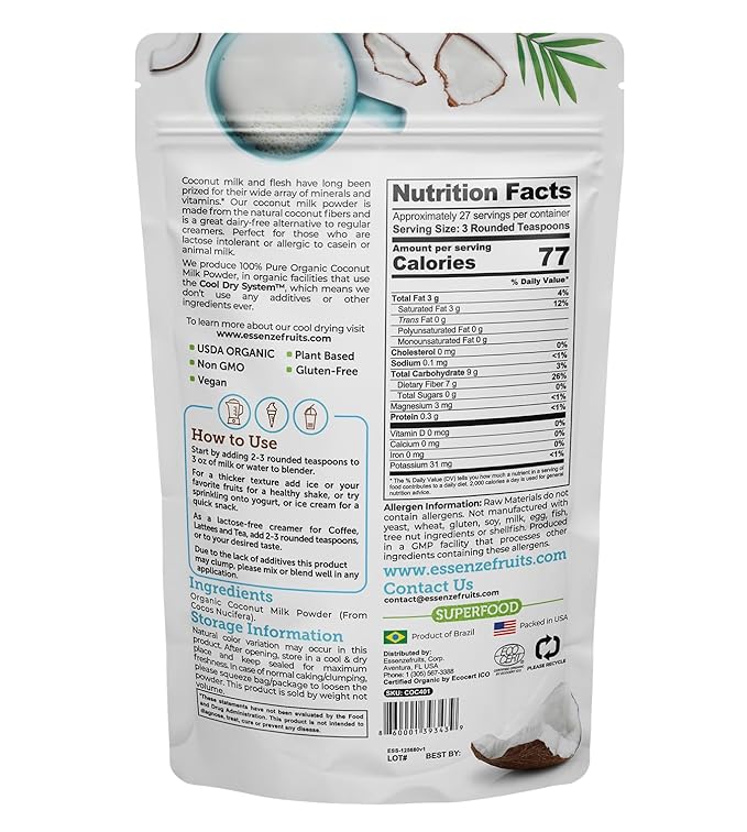 Essenzefruits Pure Organic Coconut Milk Powder - Premium Maltodextrin Free, No Sugar Added, Dairy Free, USDA Organic, Vegan, Keto & Paleo Friendly, No Additives, Pre Biotic Fibers, 27 Servings - 8 Oz