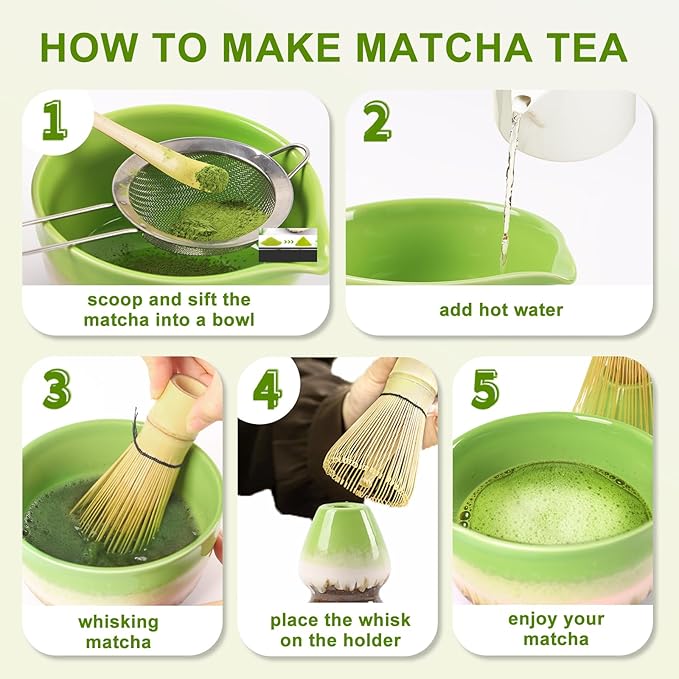 Matcha Set Includes Ceramic Matcha Bowl with Spout, Bamboo Whisk, Matcha Sifter, Matcha Whisk Holder, Bamboo Spoons, 5 Pieces Green Matcha Kit Gift for Tea Lovers