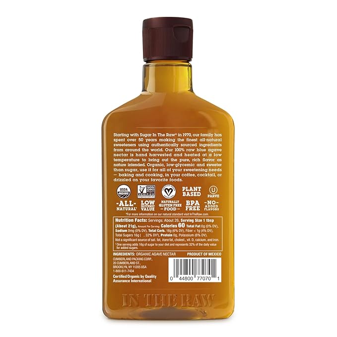 Organic Agave In The Raw Agave Nectar, 18.5 oz., 8 Pack, Made With Organic Blue Agave From Mexico, USDA Organic, Non-GMO Project Verified, Kosher Vegan and Low Glycemic Index