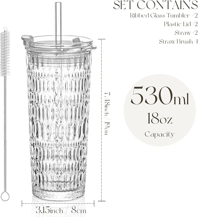 KEMORELA 18oz Glass Tumbler Set of 2 with Straw and Lid – Durable, Leak-Proof, Wide-Mouth Design – Perfect for Iced Beverages, Smoothies, and Daily Hydration Needs