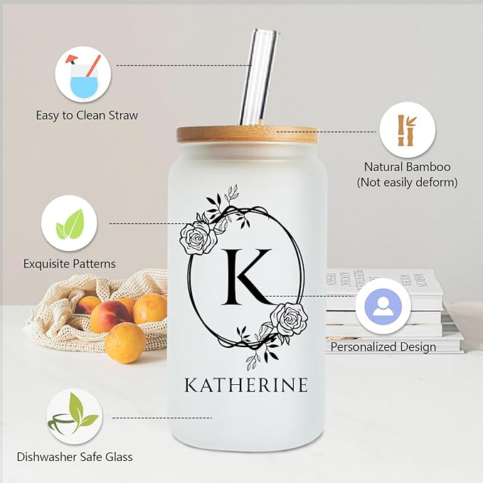 Mason Life Personalized Glass Cup with Name-Can Shaped Glass with Lids and Straws-18OZ Iced Coffee Cups (Initial)