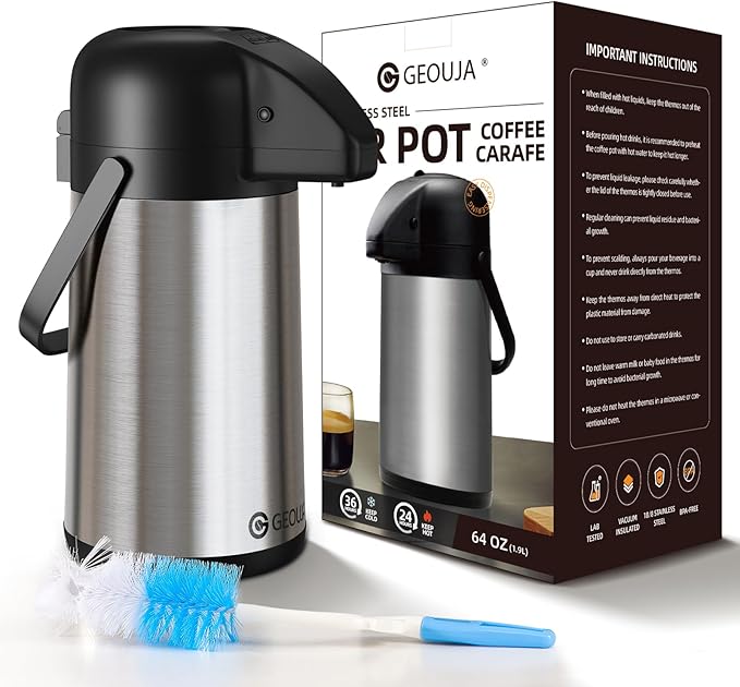 Airpot Coffee Carafe for Keeping Hot - 64 OZ / 1.9L Large Coffee Dispenser with Pump - Insulated Stainless Steel Thermos Urn for Hot Drinks Water Tea Chocolate - Thermal Beverage Dispenser for Parties