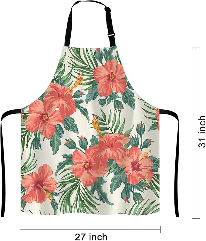 Tropical Leaves and Hawaiian Flower Bib Apron with Adjustable Neck for Men Women,Suitable for Home Kitchen Cooking Waitress Chef Grill Bistro Baking BBQ Cobbler Apron
