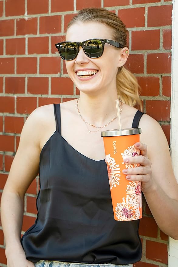 bzyoo SUP Double Wall Vacuum Insulated Tumbler with Straw and Lid Stainless Steel Water Bottle Travel Mug Cup, Mother's Day Gifts For Him & Her (710ml) Color: Orange Precious Bloom