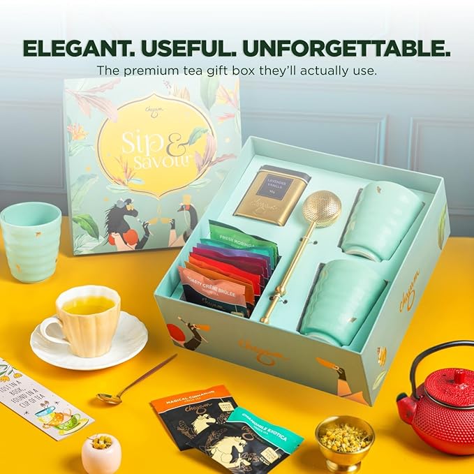 CHAYAM Luxury Tea Gift Set |10 Tea Bags, Lavender Vanilla Loose Leaf 50g/1.76oz, 2 Ceramic Cups & Premium Lead-Free Brass Infuser | Gift for Women & Tea Lovers