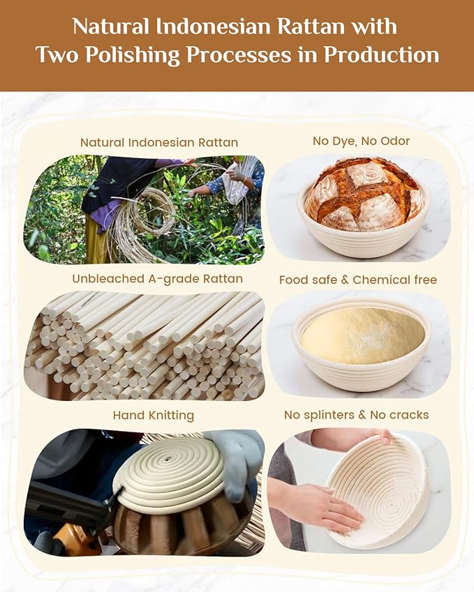 Bread Proofing Basket Set, PITCH PULSE 9 Inch Round and 10 Inch Oval Banneton Bowl with Sourdough Bread Making Tools Kit
