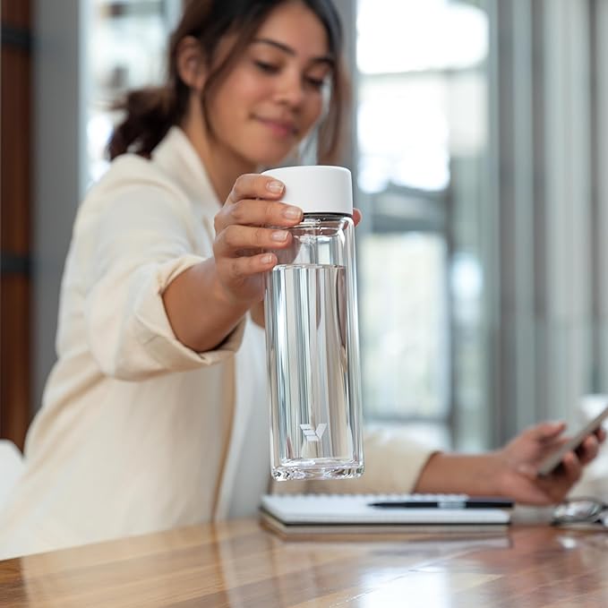 Glass Multi Tea Infuser Bottle 14oz - Double Wall Borosilicate Glass Flask | No Plastic Touches Contents | Perfect for Office or Home - White