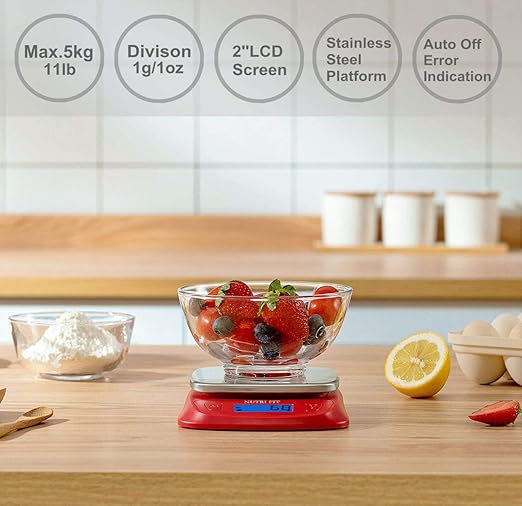NUTRI FIT Ultra Slim Food Scale Digital Kitchen 1g Increment Measure in lb oz ml High Precision Weight in Grams and oz for Coffee Making, Meal Prep - Red/Stainless Steel