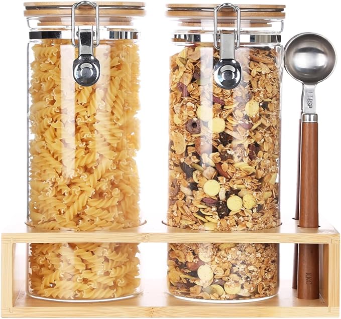 KKC Airtight Tall Glass Coffee Sugar Jar Canisters with Hinged Lids and Scoops for Kitchen Countertop,Sealed Glass Containers for Ground Coffee, Beans,Brown Sugar,Loose Tea,Cereal,Oatmeal,Flour
