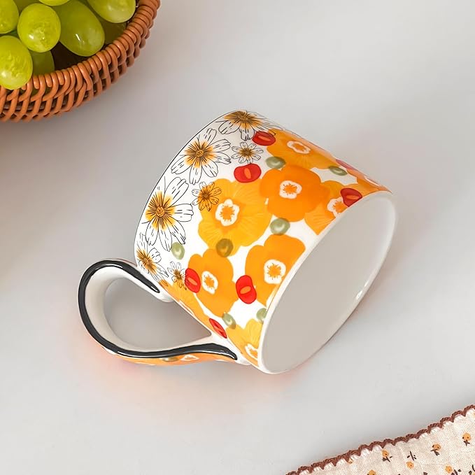 Ceramic Coffee Mug, 12oz Cute Floral Coffee Mugs with Large Handle, Orange Flower Design Stoneware Tea Cup for Office and Home