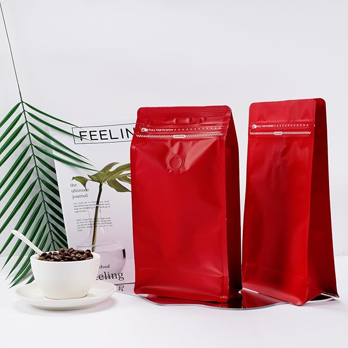 Coffee Bags with Valve (50 PCS,8oz/0.5lb) Red High Barrier Aluminum Foil Flat Bottom Standing Coffee Beans Storage Packaging Bags, Reusable Heat Seal Side Zipper Pouches for Small Business and Home