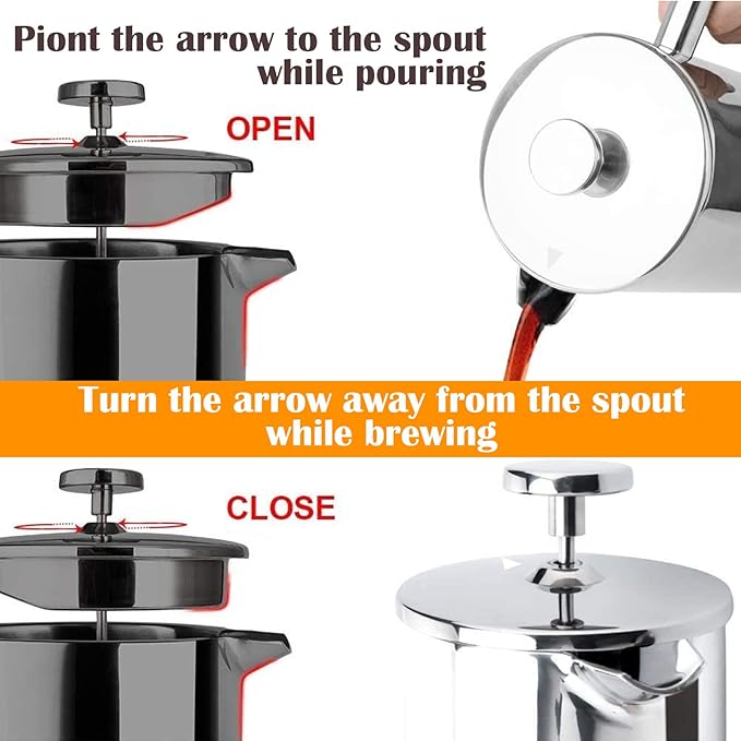 French Press Coffee Maker, 1.5L Double Insulated 304 Stainless Steel Tea Maker 4 Level Filtration System, No Coffee Grounds, Rust-Free, Dishwasher Safe 50oz Coffee Press for Family Party