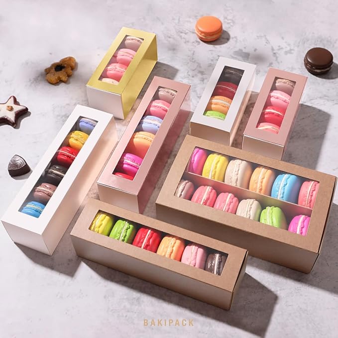Macaron Boxes - 15 Gold Macaron Gift Boxes with Clear Window, Interior 7.3x4.2x1.9 Inches