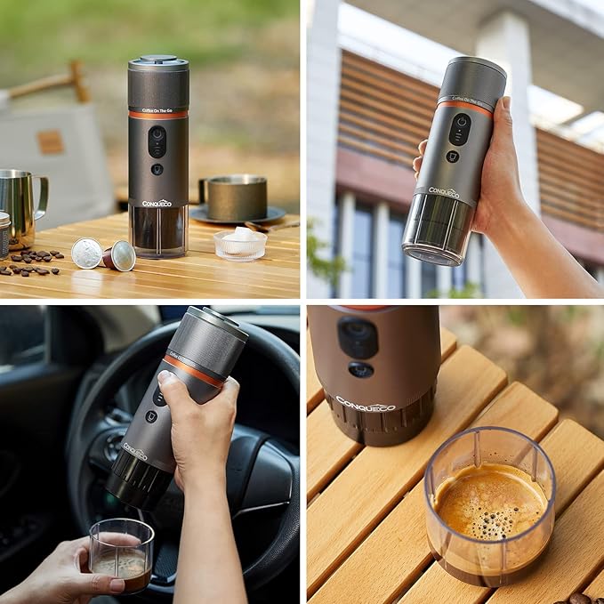CONQUECO Portable Espresso Coffee Machine: 12V Electric Small Travel Expresso Maker - Self Heating 8 Cups Battery Powered Compatible for Nespresso Capsule - for Camping RV Hiking Office (Pearl White)