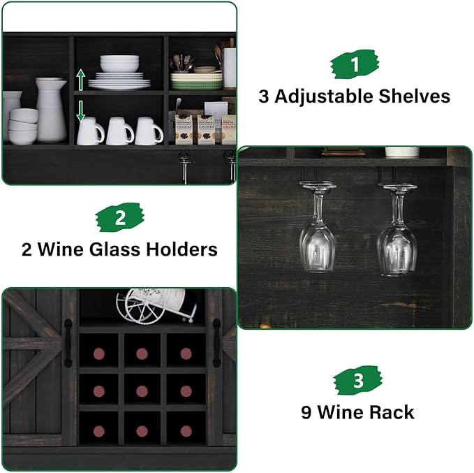 4 EVER WINNER 72" Coffee Bar Cabinet with Sliding Barn Door & Wine Racks, Hutch Cabinet with Storage and 3 Drawers, Farmhouse Coffee Bar with Wine Glass Holder for Dining Room Kitchen (Rustic Oak)