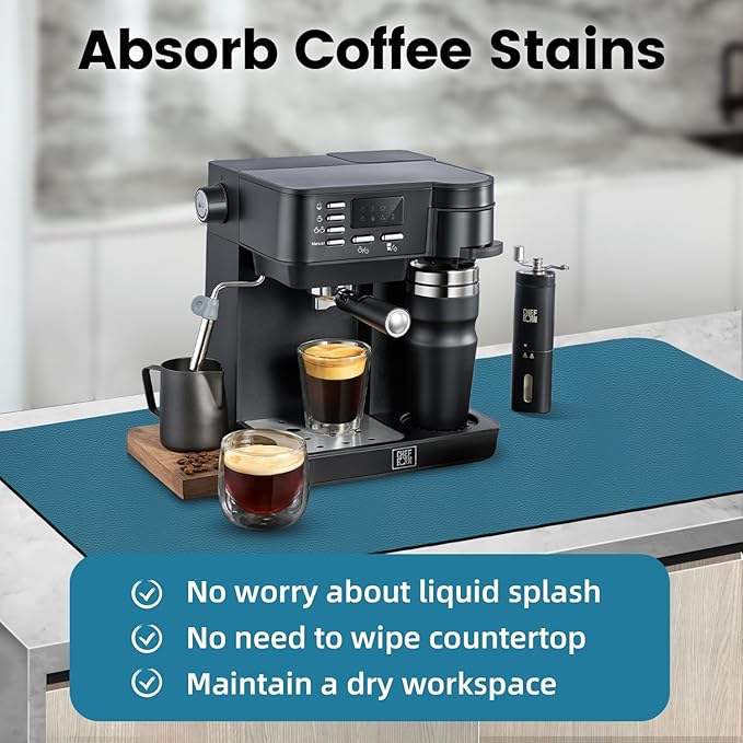 PoYang 31"x17" Coffee Mat X-Large, Coffee Bar Accessories for Countertop, Absorbent Dish Drying Mat, Anti-Slip and Hide Stain Pad for Espresso Machine, Espresso Maker and Kitchen Counter, Blue