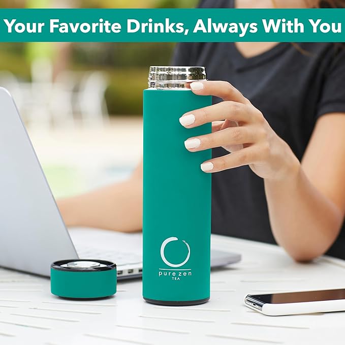 Pure Zen Tea Thermos with Infuser for Hot and Cold Infusions - Stainless Steel - Tea Infuser Bottle - Leakproof Travel Mug with Filter - 15oz