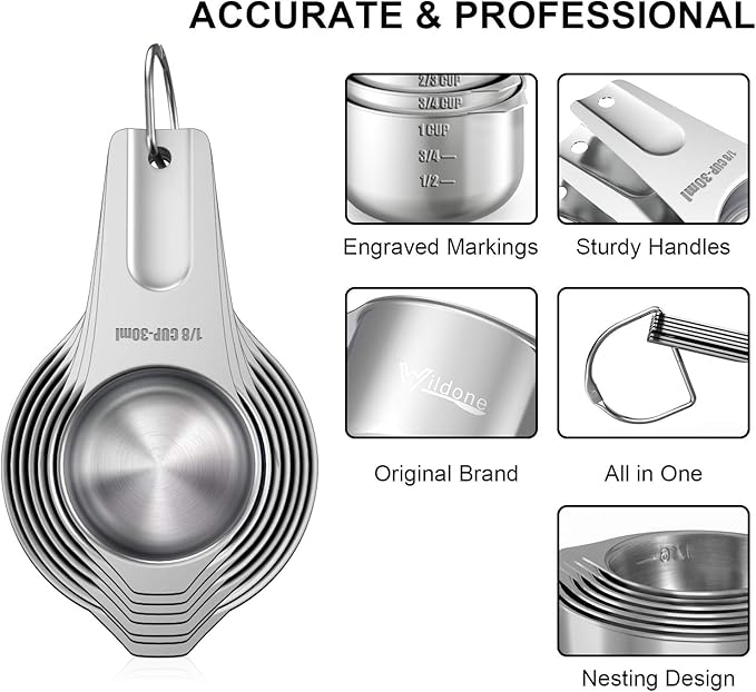Stainless Steel Measuring Cups, Wildone Metal Measuring Cups Set with Easy to Read Markings for Measuring Dry or Liquid Ingredients, Set of 7