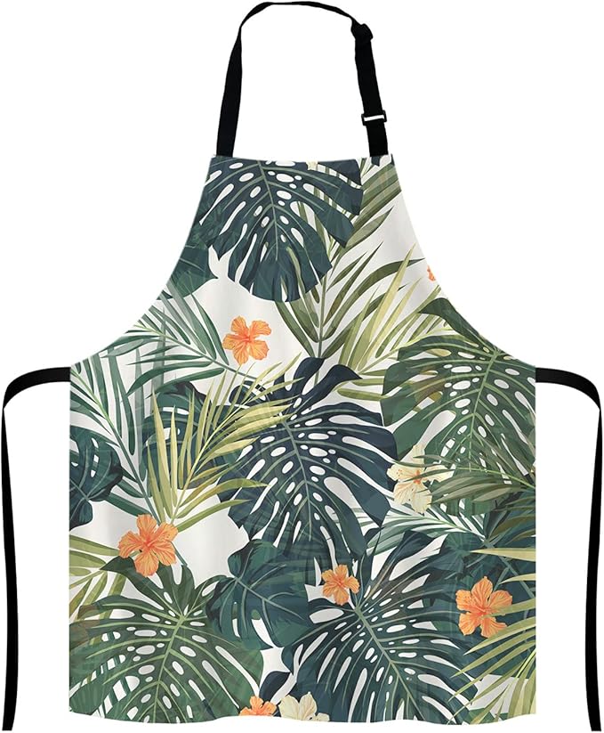 Hibiscus Flowers Apron, Summer Colorful Hawaiian Tropical Plants Unisex Kitchen Bib with Adjustable Neck for Cooking Gardening,Adult Size