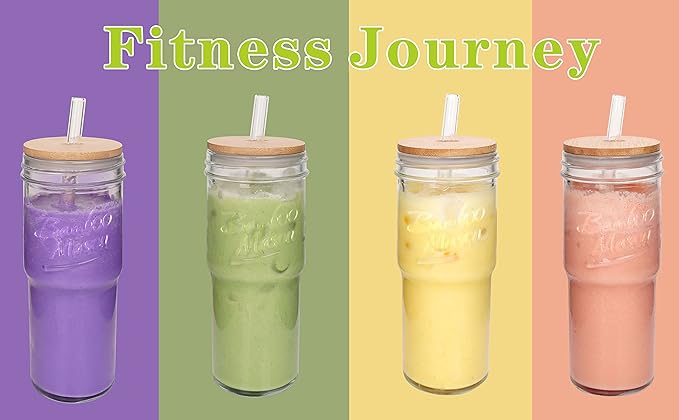 ANOTION Glass Cups with Lids and Straws, 24 oz Travel Coffee Mug Wide Mouth Mason Jar Iced Coffee Cup Smoothie Cup Glass Tumbler Tea Cup Clear Cups Cute Water Cups Drinking Glasses 3 Packs