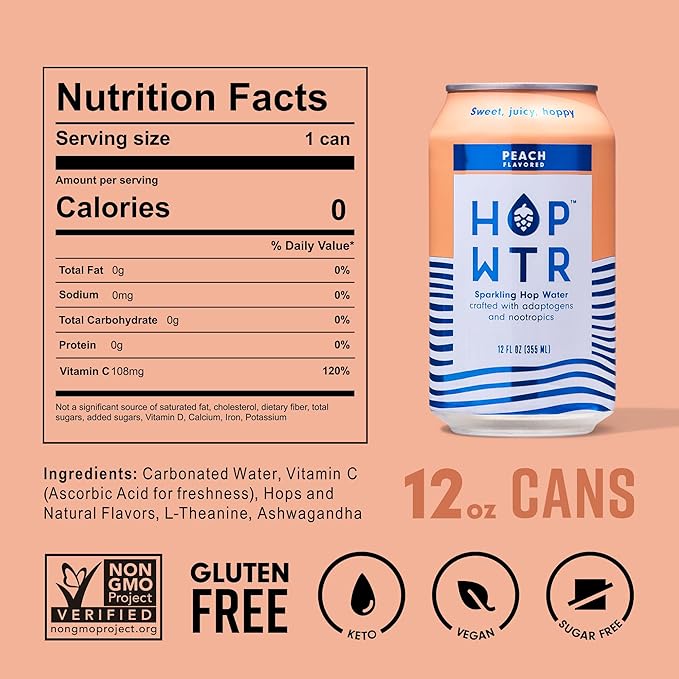 HOP WTR Sparkling Hop Water, Peach 12 Pack, Sugar Free, Low Carb Non Alcoholic Drinks, NA Beer, Adaptogen Drink, No Calories, Adaptogens & Nootropics for Added Benefits, 12 oz Cans