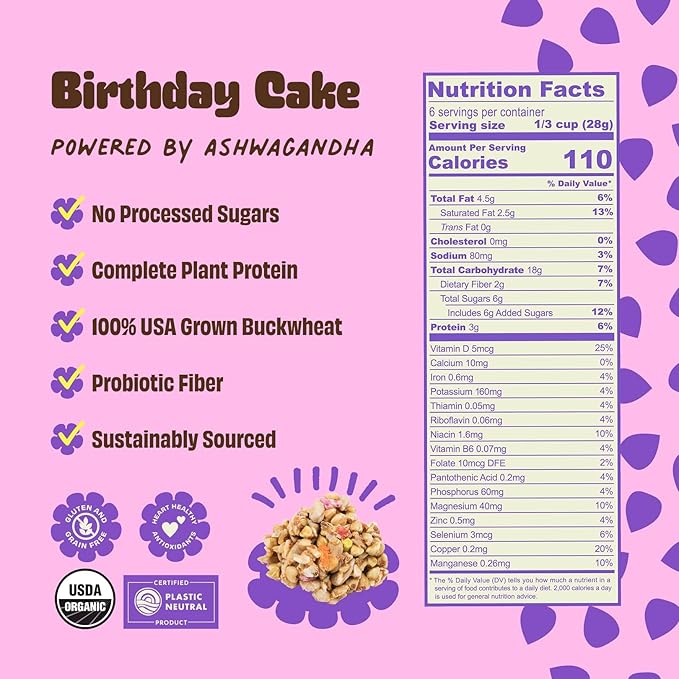 Clusterbucks Superfood Clusters – Grain-Free, Keto-Friendly Granola with Regeneratively Grown Sprouted Buckwheat– Gluten-Free, Low-Carb, Organic Healthy Snack (3-Pack, Birthday Cake)