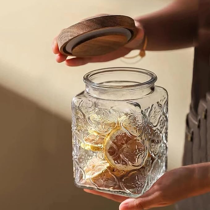 Snminetal Vintage Glass Airtight Storage Jar, With Airtight Wood Lid, Kitchen Food Storage Containers,for Kitchen Counter, Pantry, Tea, Sugar, Coffee Tea Beans,Food Storage Jar (Sunflower*2+plum*2)