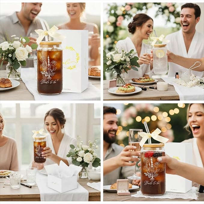 Bride To Be Glass Cup with Lid & Straw-Cute Aesthetic 16oz Iced Coffee Cup Smoothie Tumbler Gift for Engagement Bachelorette Bridal Shower Wedding