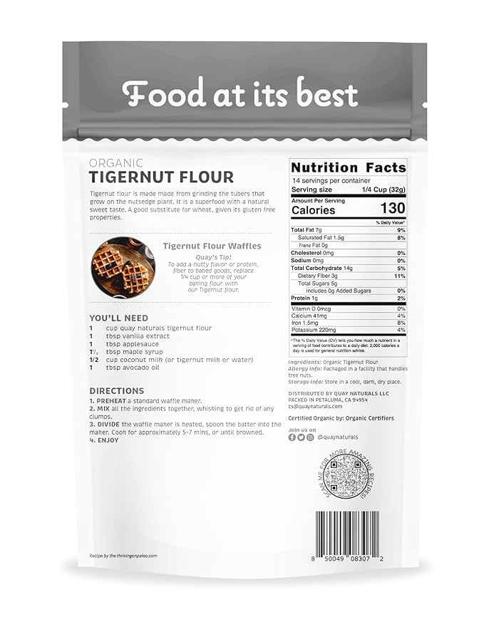 Quay Naturals Organic Tigernut Flour, 1lb, Gluten Free, Grain Free, Nut Free Flour - Paleo Friendly - Non GMO