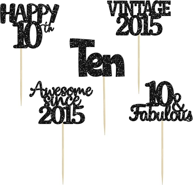 Gyufise 30Pcs Vintage 2015 Cupcake Toppers Glitter Ten Happy 10th Cupcake Picks Cheers to 10 Years Birthday Cake Decorations for Happy 10th Birthday Anniversary Party Supplies Black