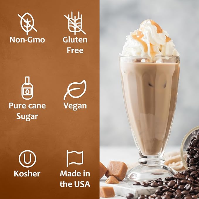 Syruvia Caramel Coffee Syrup - 12.7 fl oz Premium Coffee Flavoring Syrup - Kosher Coffee Syrups, Gluten Free, No Coloring, Perfect for Drinks, Soda, Shakes, Desserts, and More.