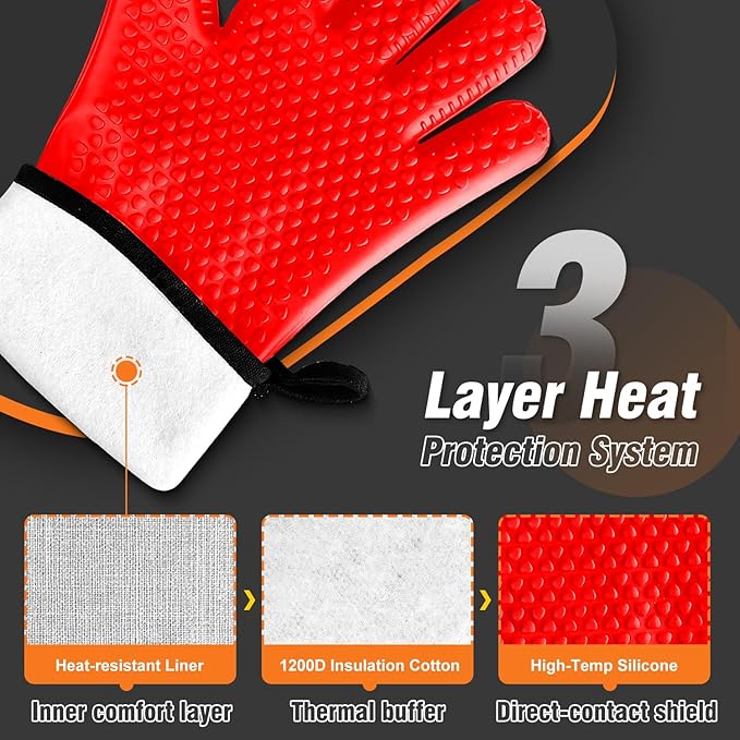 Walfos Silicone BBQ Gloves - Heat Resistant Grilling Gloves, Premium Non-Slip Kitchen Silicone Oven Mitt with Protective Cotton Layer Inside, Waterproof, Great for Grilling, Kitchen and Cooking, Red