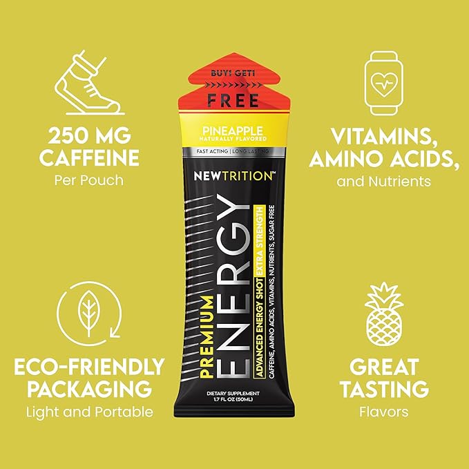 NewTrition® Extra Strength Energy Shots, 250mg Caffeine Energy Shots with Vitamin B & Amino Acids, Sugar-Free Vitamin Energy Shot, 1.7 fl oz (Pack of 12, Pineapple)