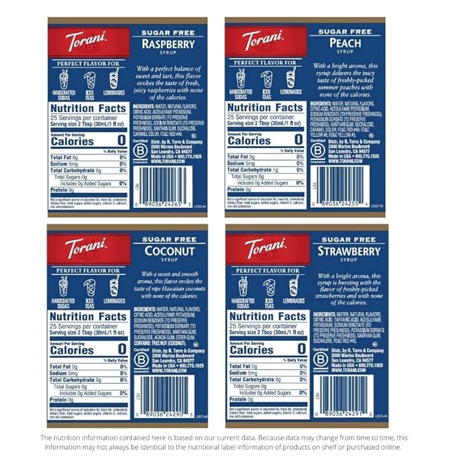 Torani Sugar Free Syrup, Soda Flavors Variety Pack, 25.4 Ounce (Pack of 4)