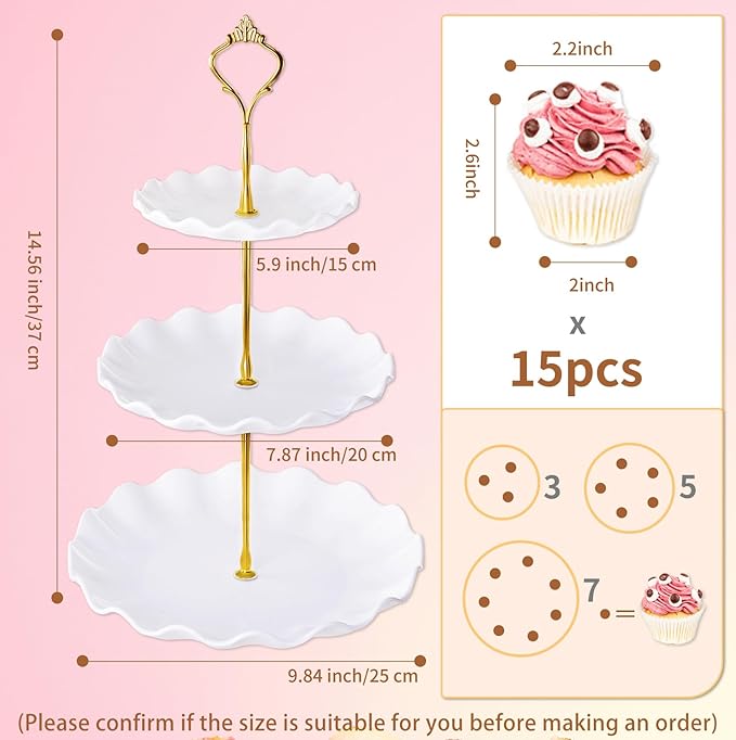 3 Tier Cupcake Stand Holder, Plastic Cup Cake Stand Towel with Tiered Serving Tray for Cupcakes, Donuts, Fruits and More, White (White)
