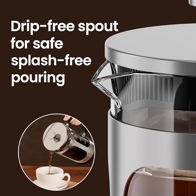 BAYKA 34oz French Press Cold Brew Coffee Maker, Heat and Cold Resistant Thickened Borosilicate Glass Stainless Steel Press Percolators, Iced Tea Pot Pitcher for Kitchen Travel Camping,1 Liter,Silver