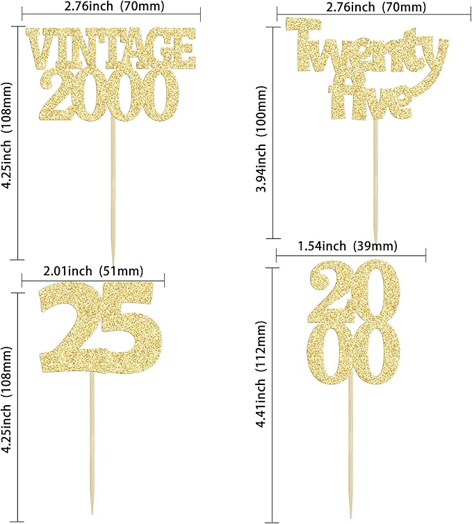 Gyufise 24Pcs Cheers to 25 Cupcake Toppers Glitter Twenty-five Vintage 2000 25th Birthday Cupcake Picks Hello 25 Years Birthday Cake Decorations for Happy 25th Anniversary Party Supplies Gold