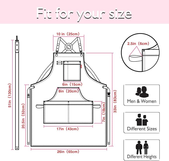 Kitchen Apron, Work Apron, Canvas, Multiple Pockets, Gardening, Painting, BBQ, Artist, Carpenter, Sizes M to XXL, Pink