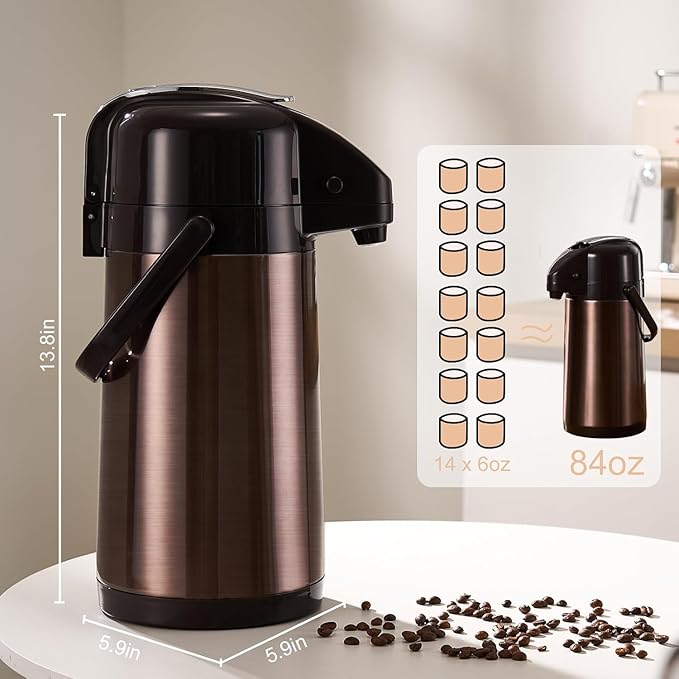 PARACITY Upgraded Airpot Coffee Carafe with Double Pump 84oz/2.5L Stainless Steel Drink Dispenser for Hot/Cold Beverage with Lazy Susan Base, Coffee Termos Para Cafe for Hot Cocoa for Parties