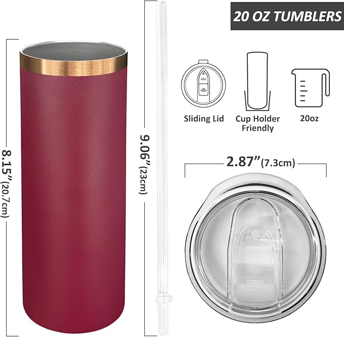 20 oz Skinny Tumblers Bulk 8 Pack, Stainless Steel Insulated Tumbler with Lids and Straws, Slim Double Wall Powder Coated Travel Coffee Mugs Reusable Cup for Hot Cold Drinks (Mixed,8 pack)