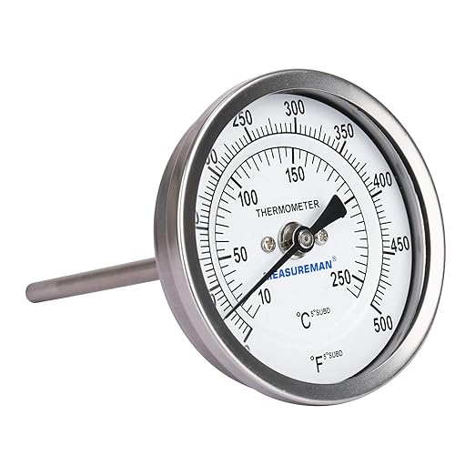MEASUREMAN Fully Stainless Steel Bimetal Dial Thermometer, 3" Dial, 4" Stem, 50-550 deg F/10-260 deg C, -1% Accuracy, Adjustable, 1/2" NPT Back Mount